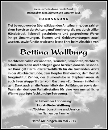 Traueranzeige von Bettina Wallburg von Südthüringer Presse