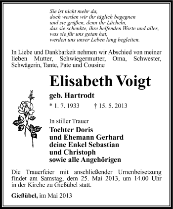 Traueranzeige von Elisabeth Voigt von Südthüringer Presse