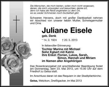 Traueranzeige von Juliane Eisele von Südthüringer Presse