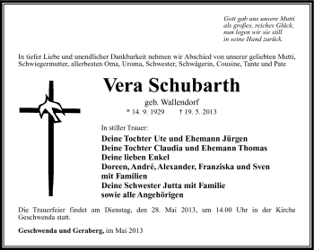 Traueranzeige von Vera Schubarth von Südthüringer Presse