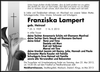 Traueranzeige von Franziska Lampert von Südthüringer Presse