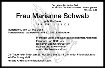 Traueranzeige von Marianne Schwab von Frankenpost
