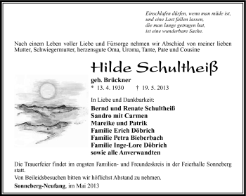Traueranzeige von Hilde Schultheiß von Südthüringer Presse