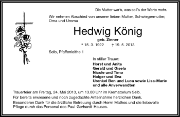 Traueranzeige von Hedwig König von Frankenpost