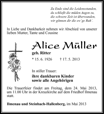 Traueranzeige von Alice Müller von Südthüringer Presse