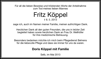 Traueranzeige von Fritz Köppel von Frankenpost