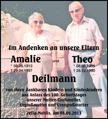 Traueranzeige von Amalie Deilmann von Südthüringer Presse
