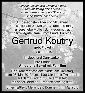 Traueranzeige von Gertrud Koutny von Südthüringer Presse
