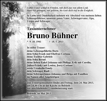 Traueranzeige von Bruno Bühner von Südthüringer Presse
