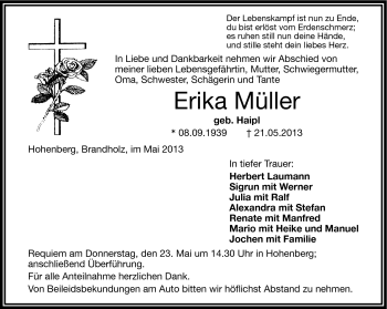 Traueranzeige von Erika Müller von Frankenpost