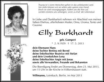 Traueranzeige von Elly Burkhardt von Südthüringer Presse