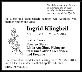 Traueranzeige von Ingrid Klingbeil von Südthüringer Presse