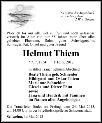 Traueranzeige von Helmut Thiem von Südthüringer Presse