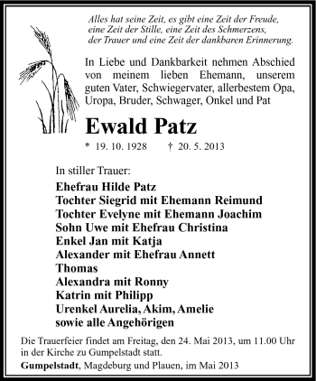 Traueranzeige von Ewald Patz von Südthüringer Presse