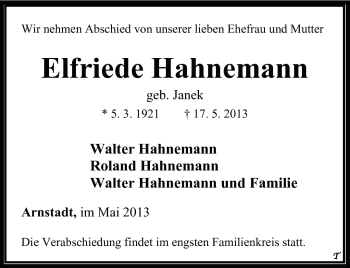 Traueranzeige von Elfriede Hahnemann von Südthüringer Presse