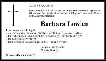Traueranzeige von Barbara Lowien von Südthüringer Presse