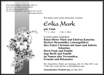 Traueranzeige von Erika Mark von Südthüringer Presse
