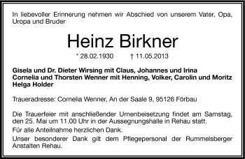 Traueranzeige von Heinz Birkner von Frankenpost