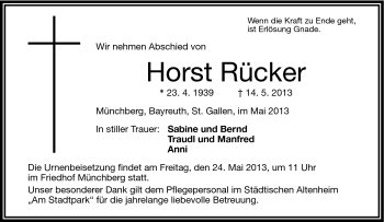 Traueranzeige von Horst Rücker von Frankenpost