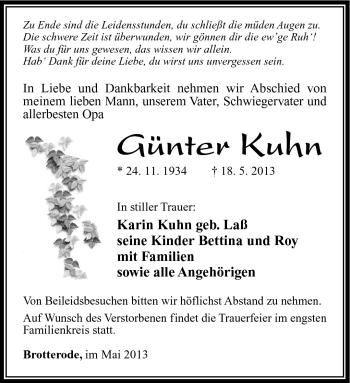 Traueranzeige von Günter Kuhn von Südthüringer Presse