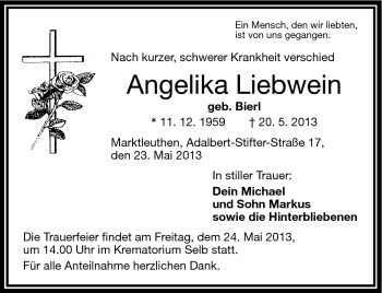 Traueranzeige von Angelika Liebwein von Frankenpost