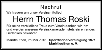 Traueranzeige von Thomas Roski von Frankenpost