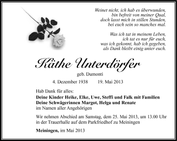 Traueranzeige von Käthe Unterdörfer von Südthüringer Presse