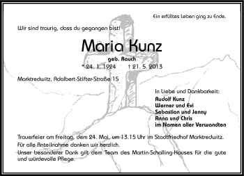 Traueranzeige von Maria Kunz von Frankenpost