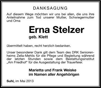 Traueranzeige von Erna Stelzer von Südthüringer Presse