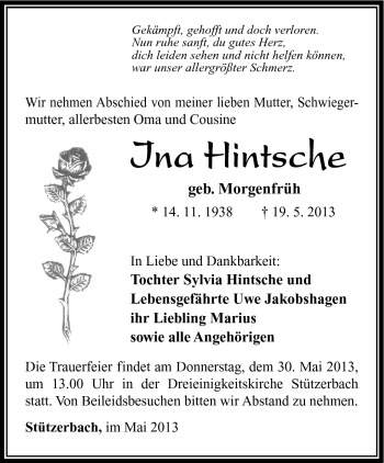 Traueranzeige von Ina Hintscher von Südthüringer Presse
