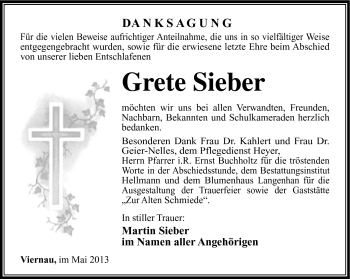 Traueranzeige von Grete Sieber von Südthüringer Presse