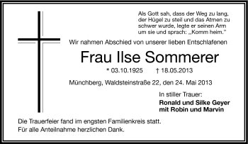 Traueranzeige von Ilse Sommerer von Frankenpost