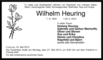 Traueranzeige von Wilhelm Heuring von Neue Presse Coburg
