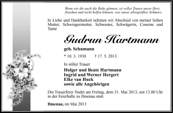 Traueranzeige von Gudrun Hartmann von Südthüringer Presse