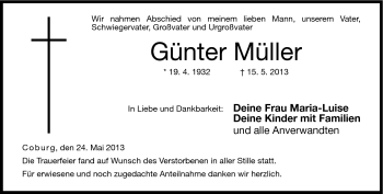 Traueranzeige von Günter Müller von Neue Presse Coburg