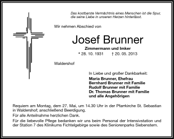 Traueranzeige von Josef Brunner von Frankenpost