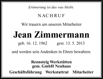 Traueranzeige von Jean Zimmermann von Südthüringer Presse