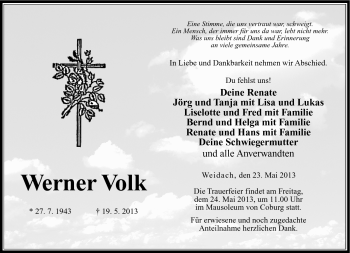 Traueranzeige von Werner Volk von Neue Presse Coburg