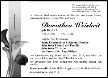 Traueranzeige von Dorothea Weisheit von Südthüringer Presse