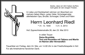 Traueranzeige von Leonhard Riedl von Frankenpost