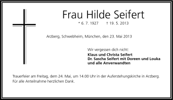 Traueranzeige von Hilde Seifert von Frankenpost