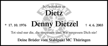 Traueranzeige von Denny Dietzel von Südthüringer Presse