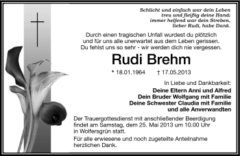 Traueranzeige von Rudi Brehm von Frankenpost