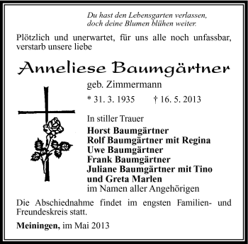 Traueranzeige von Anneliese Baumärtner von Südthüringer Presse