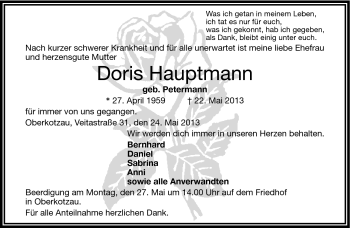 Traueranzeige von Doris Hauptmann von Frankenpost