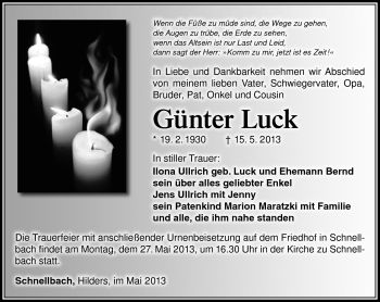 Traueranzeige von Günter Luck von Südthüringer Presse