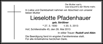 Traueranzeige von Lieselotte Pfadenhauer von Frankenpost