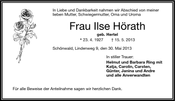 Traueranzeige von Ilse Hörath von Frankenpost