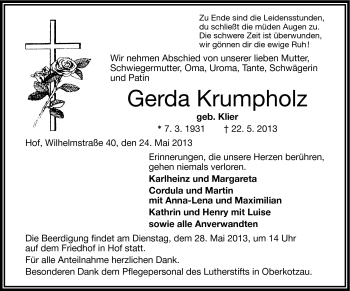 Traueranzeige von Gerda Krumpholz von Frankenpost