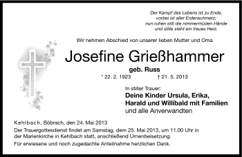 Traueranzeige von Josefine Grießhammer von Neue Presse Coburg